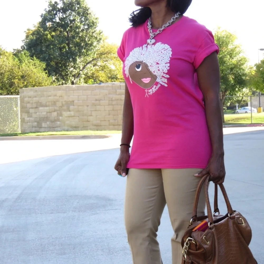 Plus Size New Pink Tee with cute curly hair - Picture 2 of 5